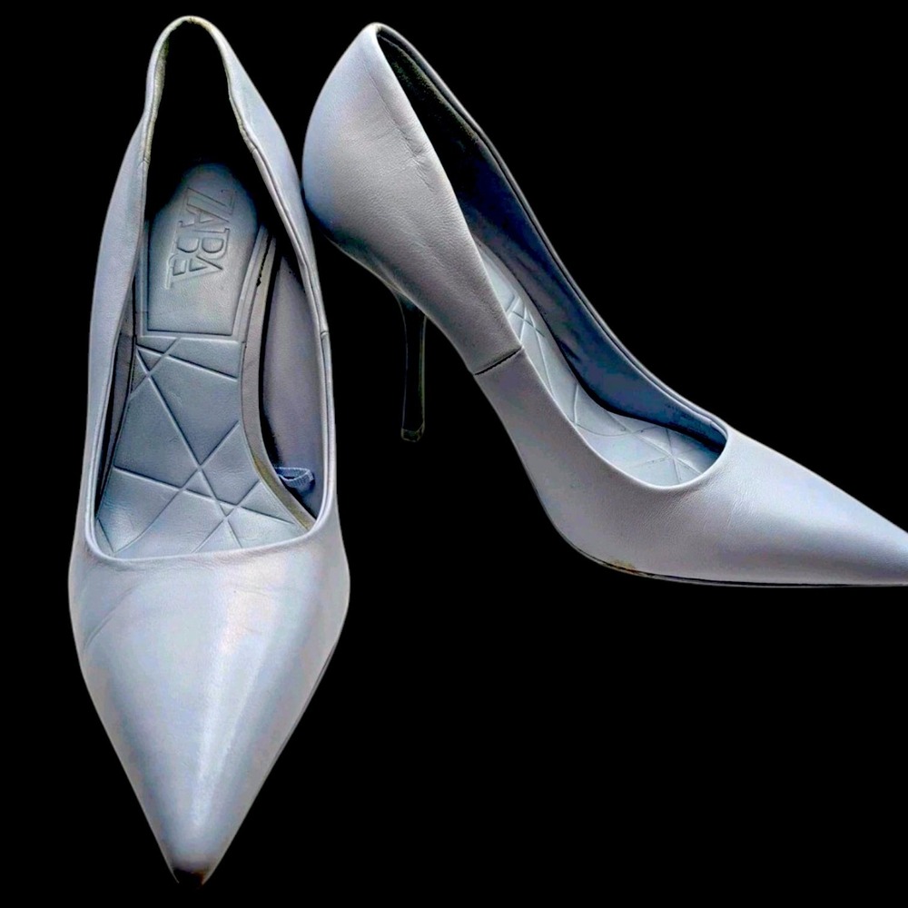 Baby Blue Leather Pointed Toe Stiletto Pumps Zara Heels Size 37